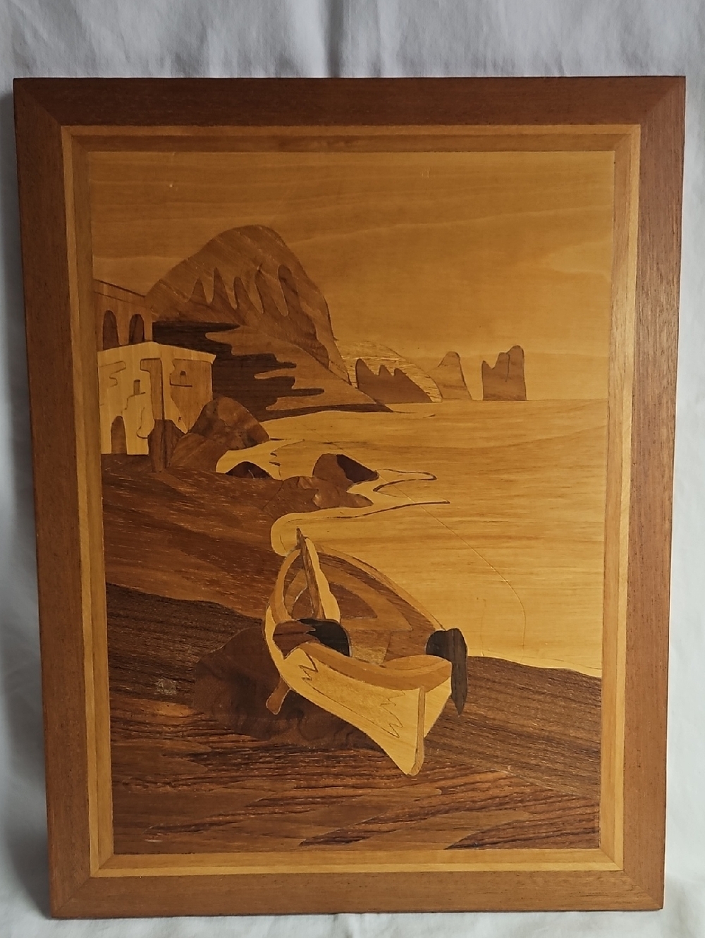 Vintage Italian Wood Inlay Marquetry Seascape Wall Art - Brown & Tan